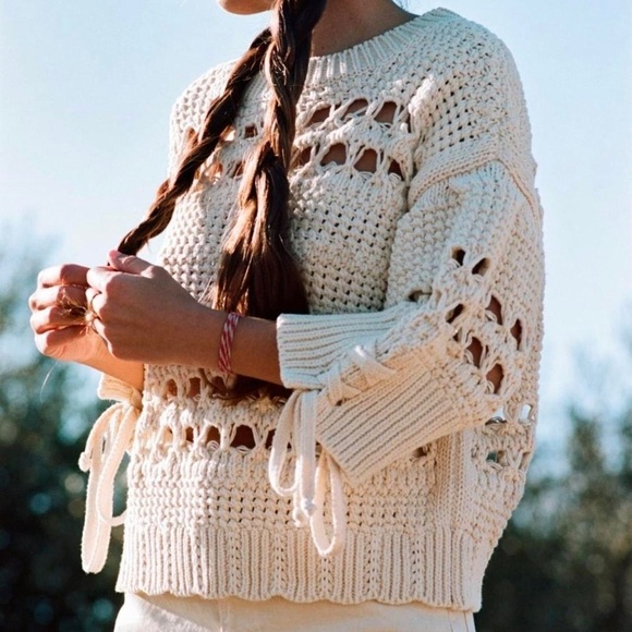 Zara Ecru Open Knit Sweater with Lace up Detailing - Picture 3 of 8